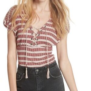 We the Free (Free People) Red Cream Striped Fitted Lace Up Open Back Shirt